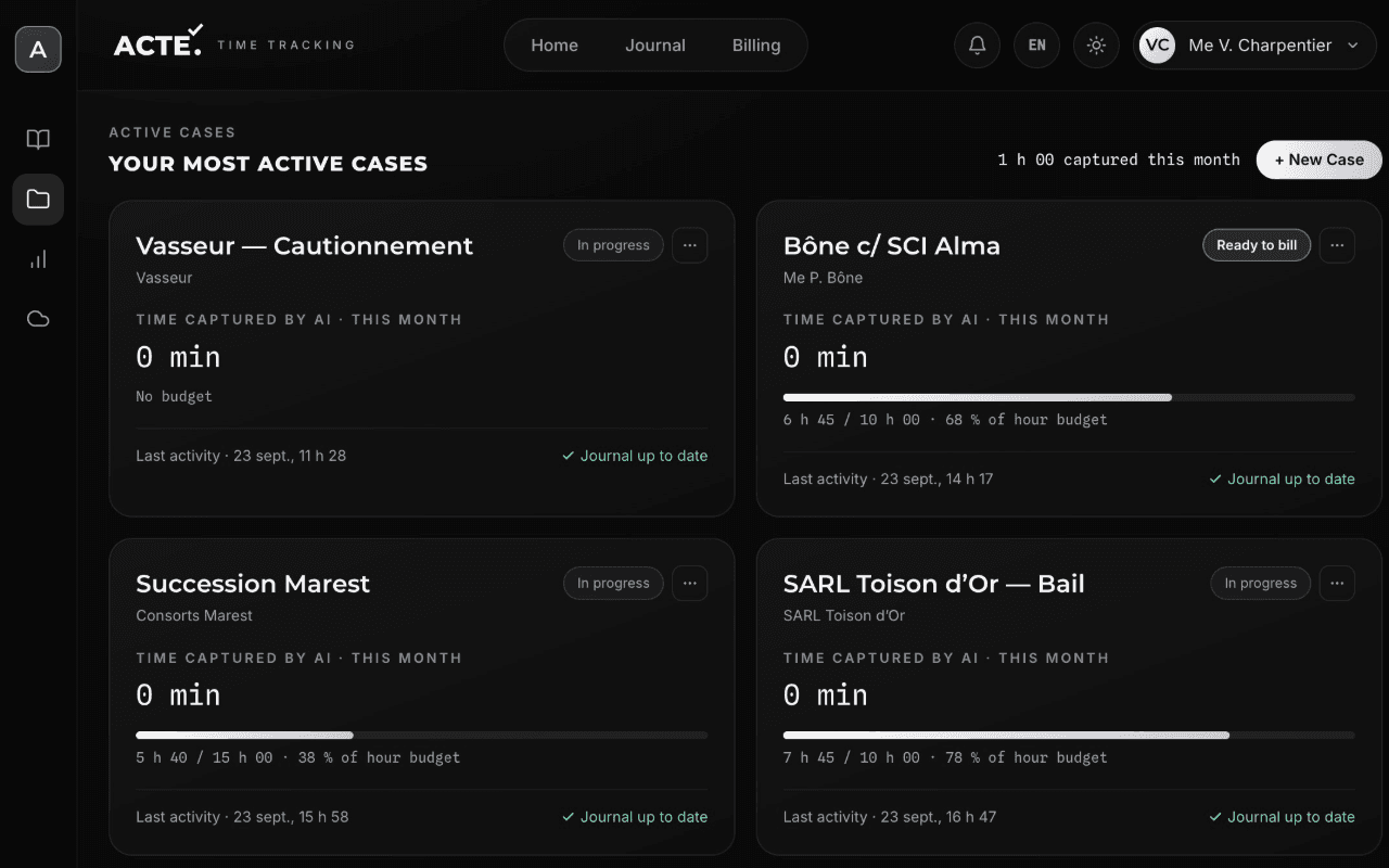ACTE cases view in the beta: each matter with its hour budget, status and last activity, with synthetic data