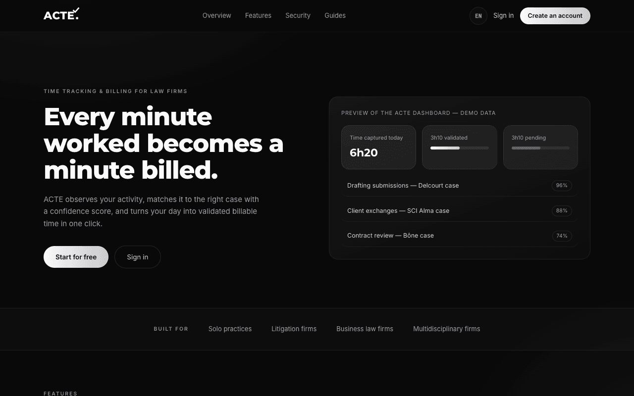 ACTE public site: time tracking and billing for law firms, with a dashboard preview labelled as demo data