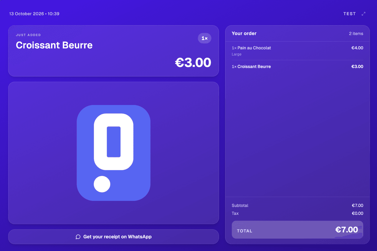 Epidom customer display: the order and total shown to the customer at the counter