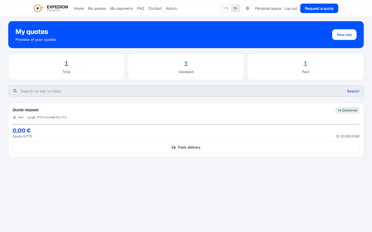 Expedion app: the buyer’s quotes, with their status and a link to track the delivery (test data)
