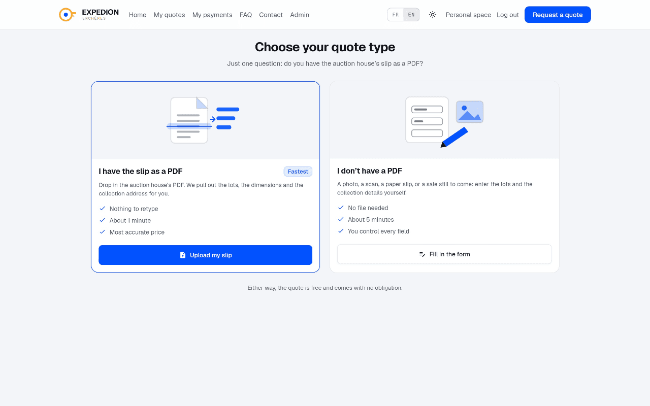Expedion app: choose a quote type. Upload the auction house slip as a PDF and the lots are extracted for you, or fill in the form