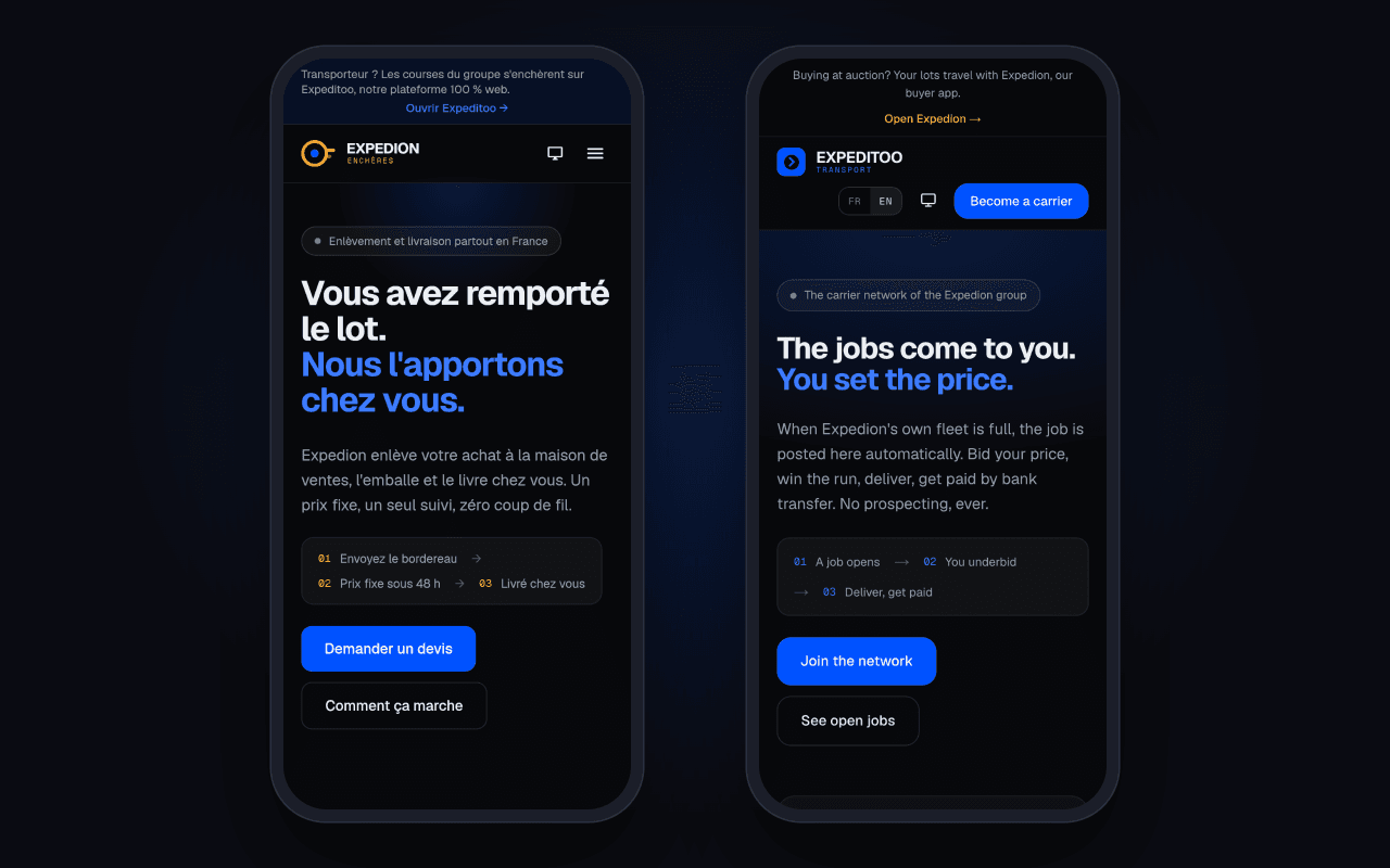 Expedion and Expeditoo on phones: the buyer app's homepage and the carrier network's homepage
