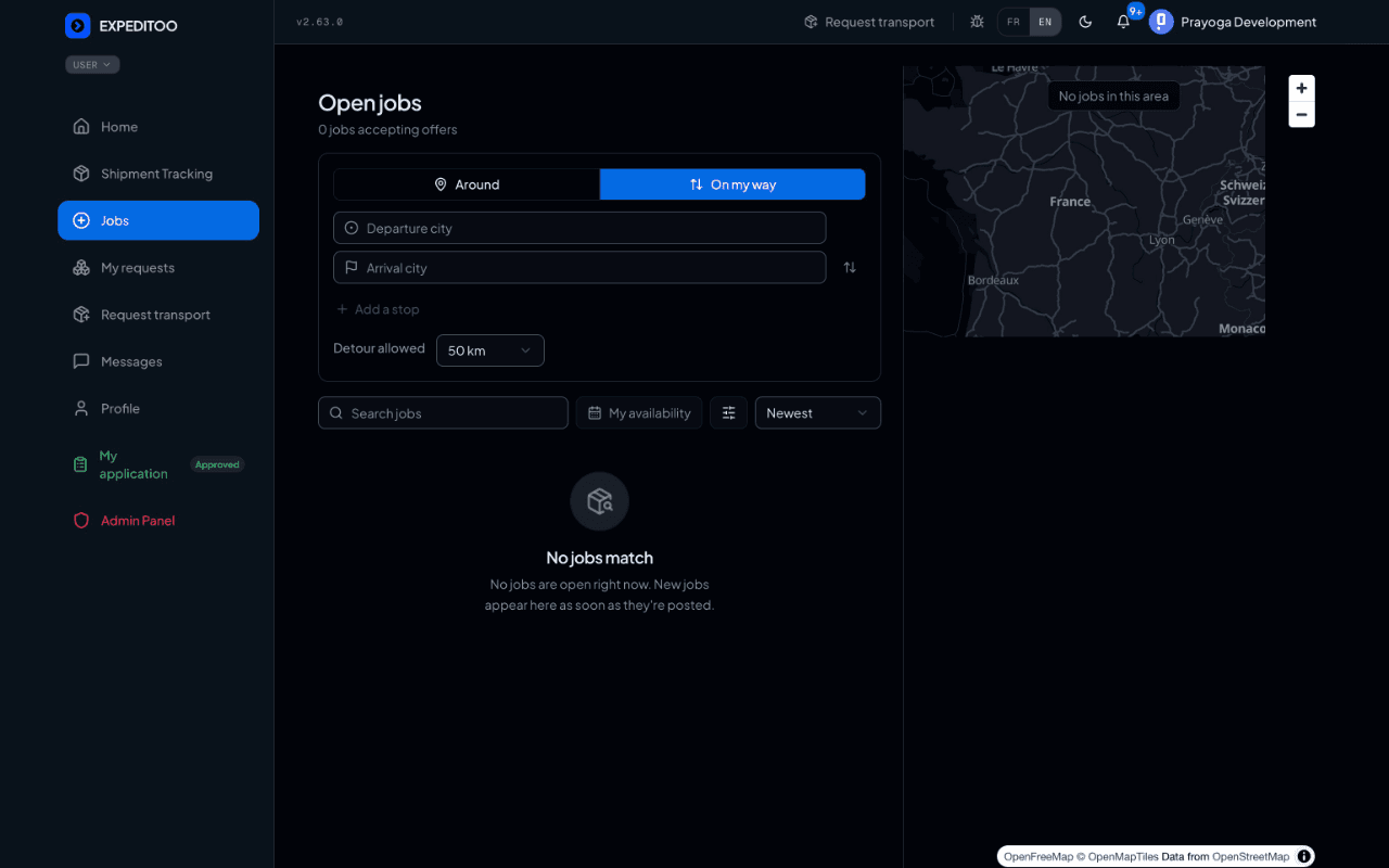 Expeditoo job board for carriers: filter jobs around a place or along a route with an allowed detour, next to a map