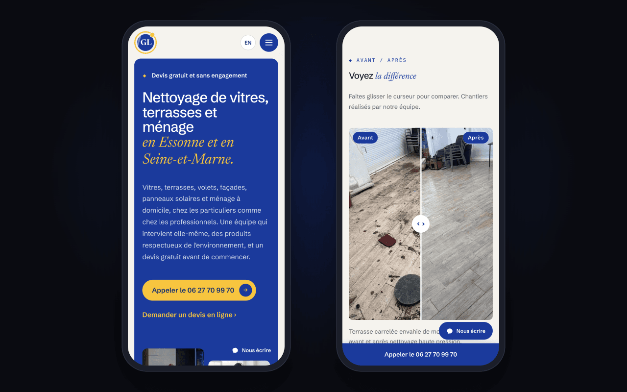GLVitr'Clean on phones: the homepage and a before-and-after comparison